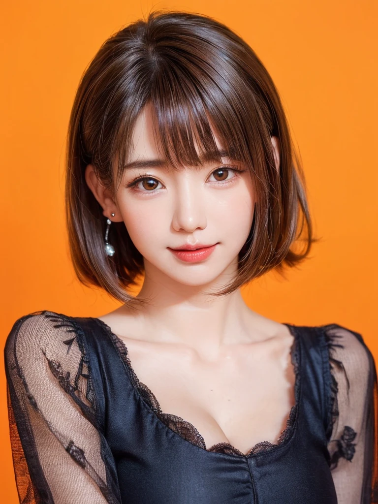 (masterpiece, highest quality, sfw:1.8),1 girl, alone, realistic, realistic, looking at the viewer, light colored black eyes, Brunette short bob hair with highly detailed shiny hair, Winter clothes, Whity, lips, bangs, outdoor, closed mouth, Upper body、Big eyes、eyelash、((very simple orange background:1.8))、(((Short hair with bangs、Big eyes、big and full chest、look at the audience、beautiful beauty、show me your ears、long neck、smile、please close your mouth and smile)))、ideal body proportions、{Huge|big|Huge|mega} chest, cleavage:2