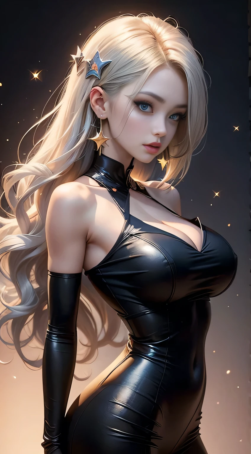 sfw, masterpiece,(masterpiece, top quality, best quality), 1girl, solo, long hair, jewelry, earrings, black background, looking at viewer, blue eyes, upper body, white hair, simple background, bangs, hand up, hair ornament, from side, light particles, bare shoulders, sparkle, long sleeves, breasts, blonde hair, dress, star (symbol), lips, eyelashes, wearing bra,((skinny waist)), young asian girl, ((big breasted)),