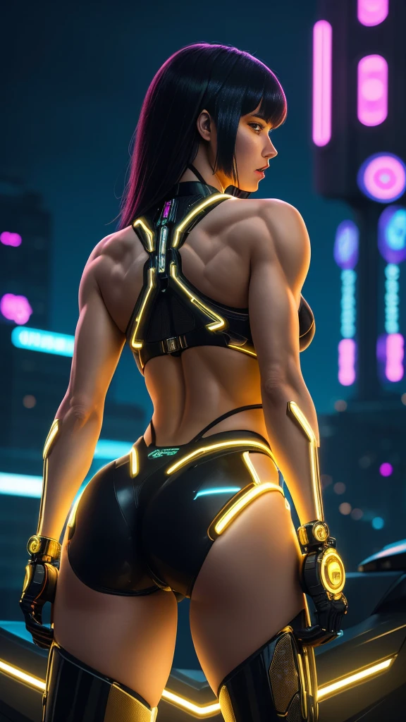 A stunning cybernetic woman in a bikini gazes into the camera, showcasing intricate and realistic muscle details. She strikes an active and dynamic pose, accentuated by LED lights, gold components, and a short, bangs-adorned hairstyle. The view is from behind, highlighting her back, against a backdrop of a neon-lit nighttime city.