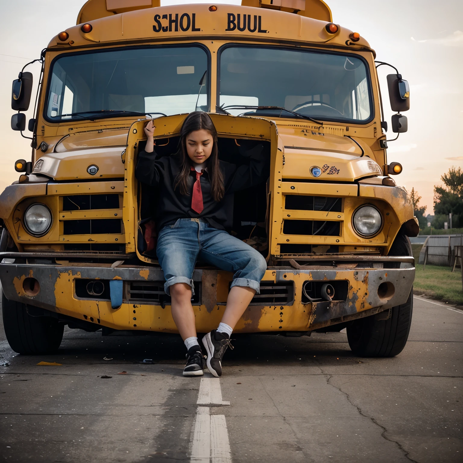 school bus, wreck side panel, live band, concert