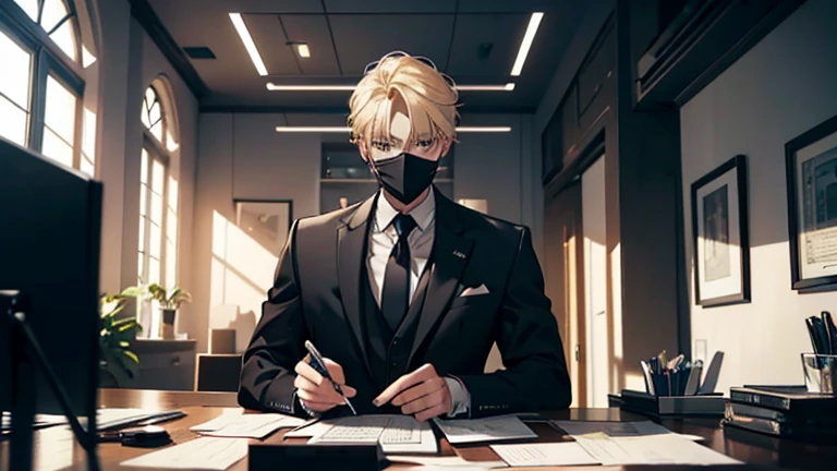 blonde hair masked men , wearing a black suit , sitting in a office with computers on his table , editing videos alone in a private aesthetic home office , front view
