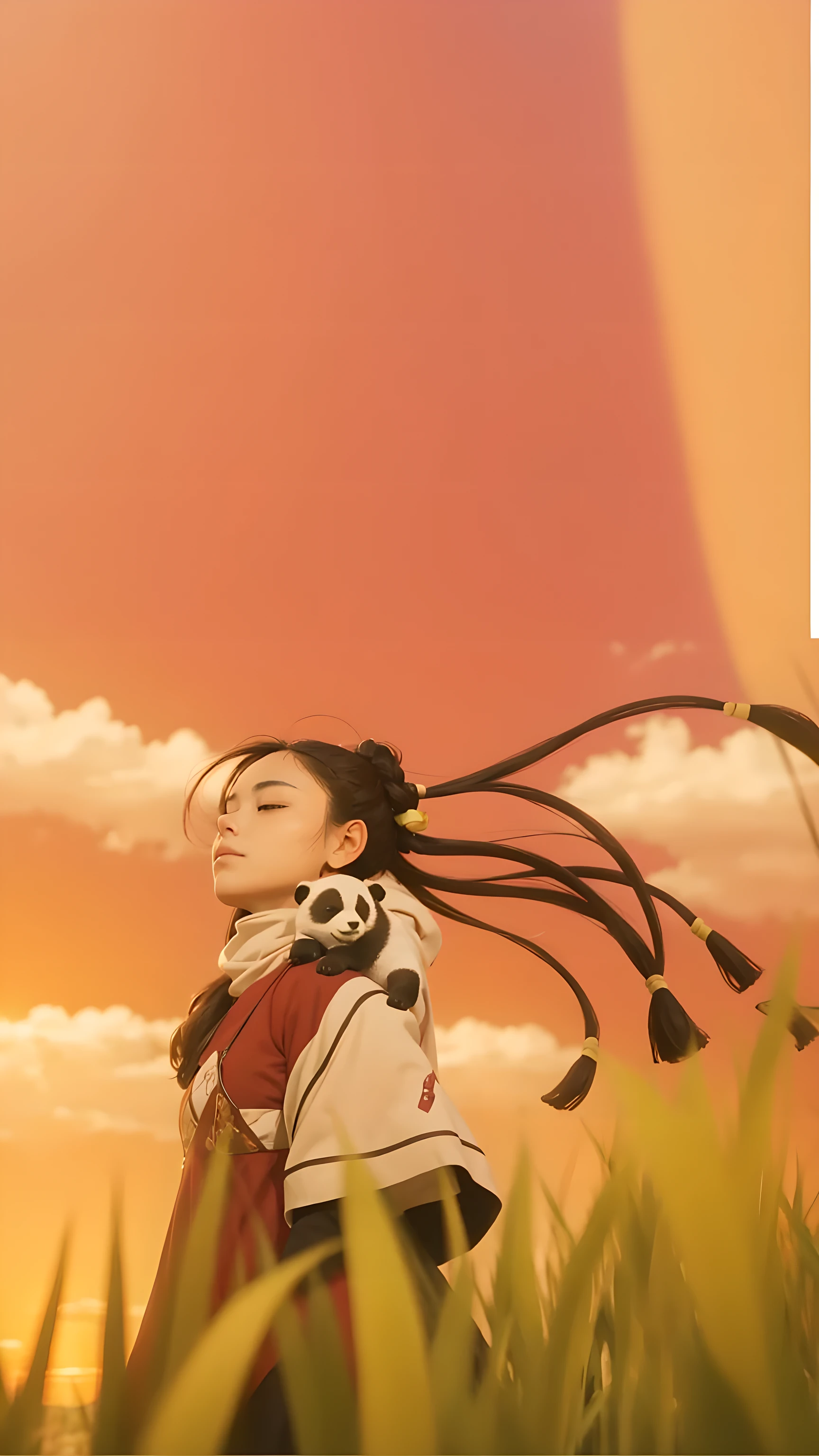 The scene opens with a young woman standing in a field of tall grass. She is wearing a simple, yet elegant, peach and pink dress. She has long dark hair, braided into multiple strands that flow down her back. Her expression is thoughtful as she gazes out at the sunset.
The sky is ablaze with vibrant colors, a mix of orange and red that creates a sense of warmth and beauty. The long, golden grass surrounding her rustles gently in the soft breeze.
The camera focuses on the woman’s face, her eyes reflecting the soft light of the setting sun. She appears to be lost in contemplation, her thoughts drifting as she watches the sun disappear on the horizon.
The scene ends with a slow zoom out, revealing that the woman is not alone. A small, fluffy panda is nestled against her back, its head resting on her shoulder. The panda seems to be sleeping soundly, unaware of the woman’s thoughts or the beauty of the sunset. The scene ends on a note of quiet solitude and tranquility.