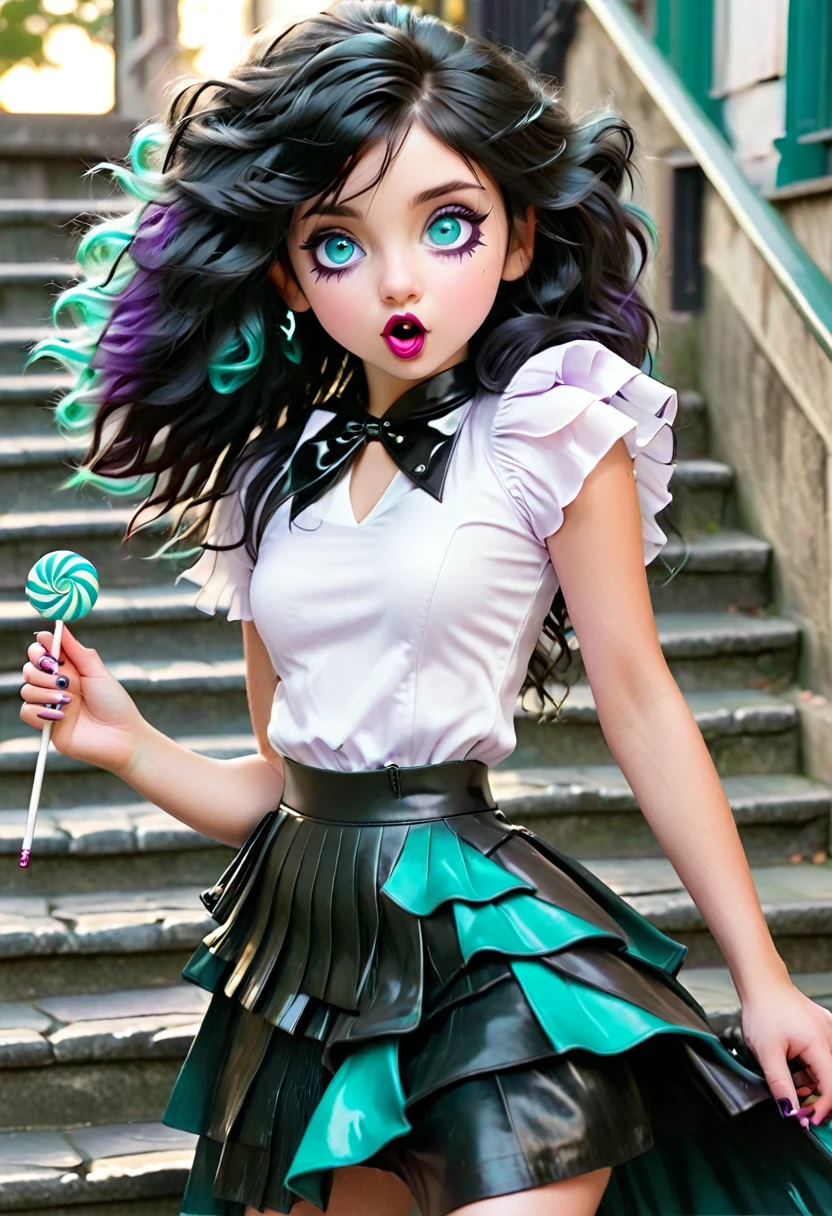((A girl on the steps)) with teal eyes. white mix black wavy hair. Sucking a purple lollipop. Wearing spike blackbleather waist bands. A leather corted with black leathr pleated wide skirt