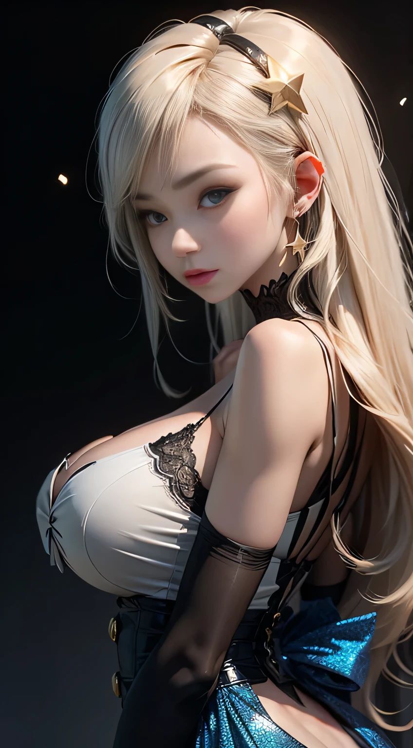 sfw, masterpiece,(masterpiece, top quality, best quality), 1girl, solo, long hair, jewelry, earrings, black background, looking at viewer, blue eyes, upper body, white hair, simple background, bangs, hand up, hair ornament, from side, light particles, bare shoulders, sparkle, long sleeves, breasts, blonde hair, dress, star (symbol), lips, eyelashes, wearing bra,((skinny waist)), young asian girl, ((big breasted)),