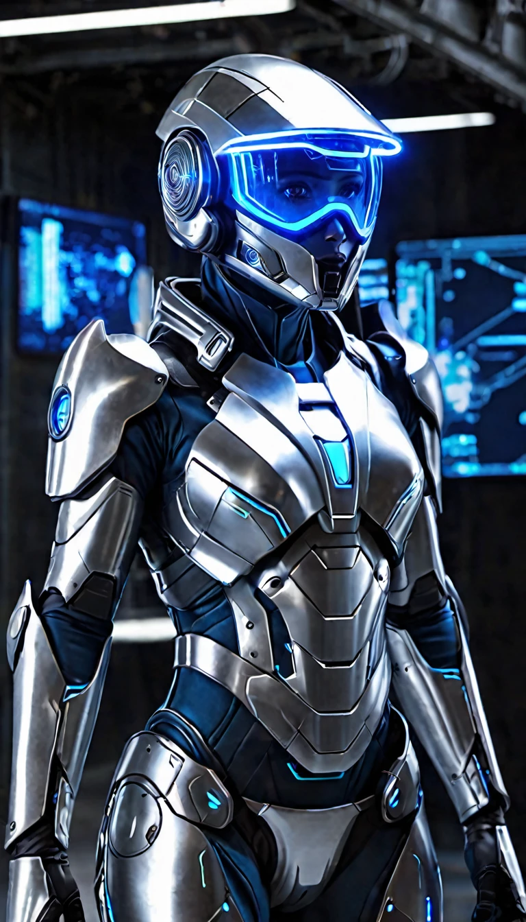 The image depicts a futuristic humanoid figure clad in advanced protective gear. The suit is predominantly silver with blue accents, suggesting a high-tech and possibly armored design. The helmet features a visor with a glowing blue light, which could indicate advanced vision enhancement or communication systems. The figure is holding a device with a glowing blue screen, which might be a tool or weapon, further emphasizing the advanced technology theme. The background is dark and industrial, hinting at a setting that could be a laboratory or a battlefield of the future. The overall impression is one of advanced technology and human enhancement, possibly in the context of a science fiction narrative or a vision of future military or exploration equipment.