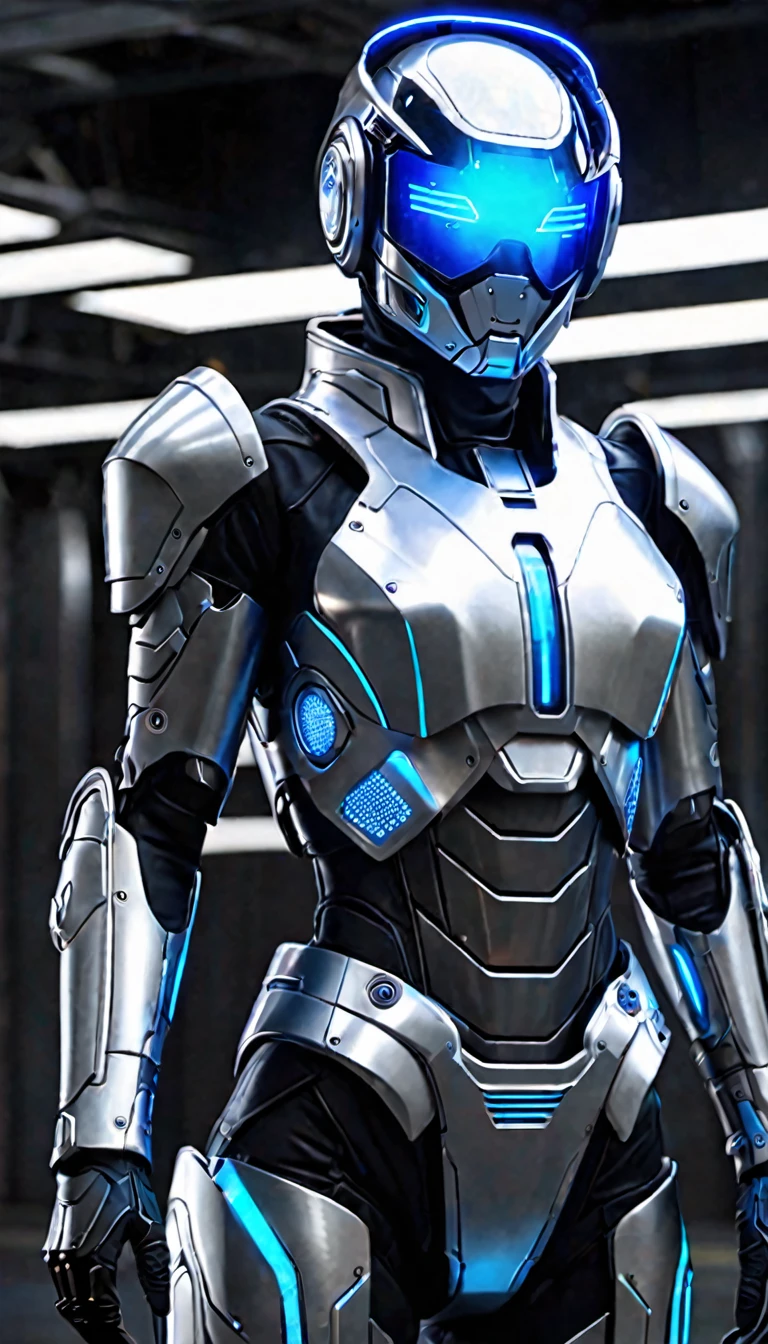 The image depicts a futuristic humanoid figure clad in advanced protective gear. The suit is predominantly silver with blue accents, suggesting a high-tech and possibly armored design. The helmet features a visor with a glowing blue light, which could indicate advanced vision enhancement or communication systems. The figure is holding a device with a glowing blue screen, which might be a tool or weapon, further emphasizing the advanced technology theme. The background is dark and industrial, hinting at a setting that could be a laboratory or a battlefield of the future. The overall impression is one of advanced technology and human enhancement, possibly in the context of a science fiction narrative or a vision of future military or exploration equipment.