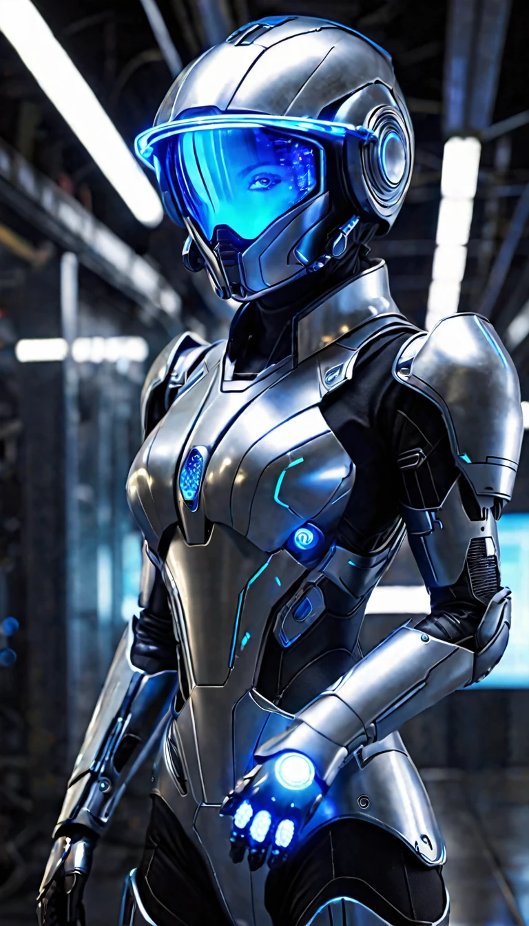 The image depicts a futuristic humanoid figure clad in advanced protective gear. The suit is predominantly silver with blue accents, suggesting a high-tech and possibly armored design. The helmet features a visor with a glowing blue light, which could indicate advanced vision enhancement or communication systems. The figure is holding a device with a glowing blue screen, which might be a tool or weapon, further emphasizing the advanced technology theme. The background is dark and industrial, hinting at a setting that could be a laboratory or a battlefield of the future. The overall impression is one of advanced technology and human enhancement, possibly in the context of a science fiction narrative or a vision of future military or exploration equipment.