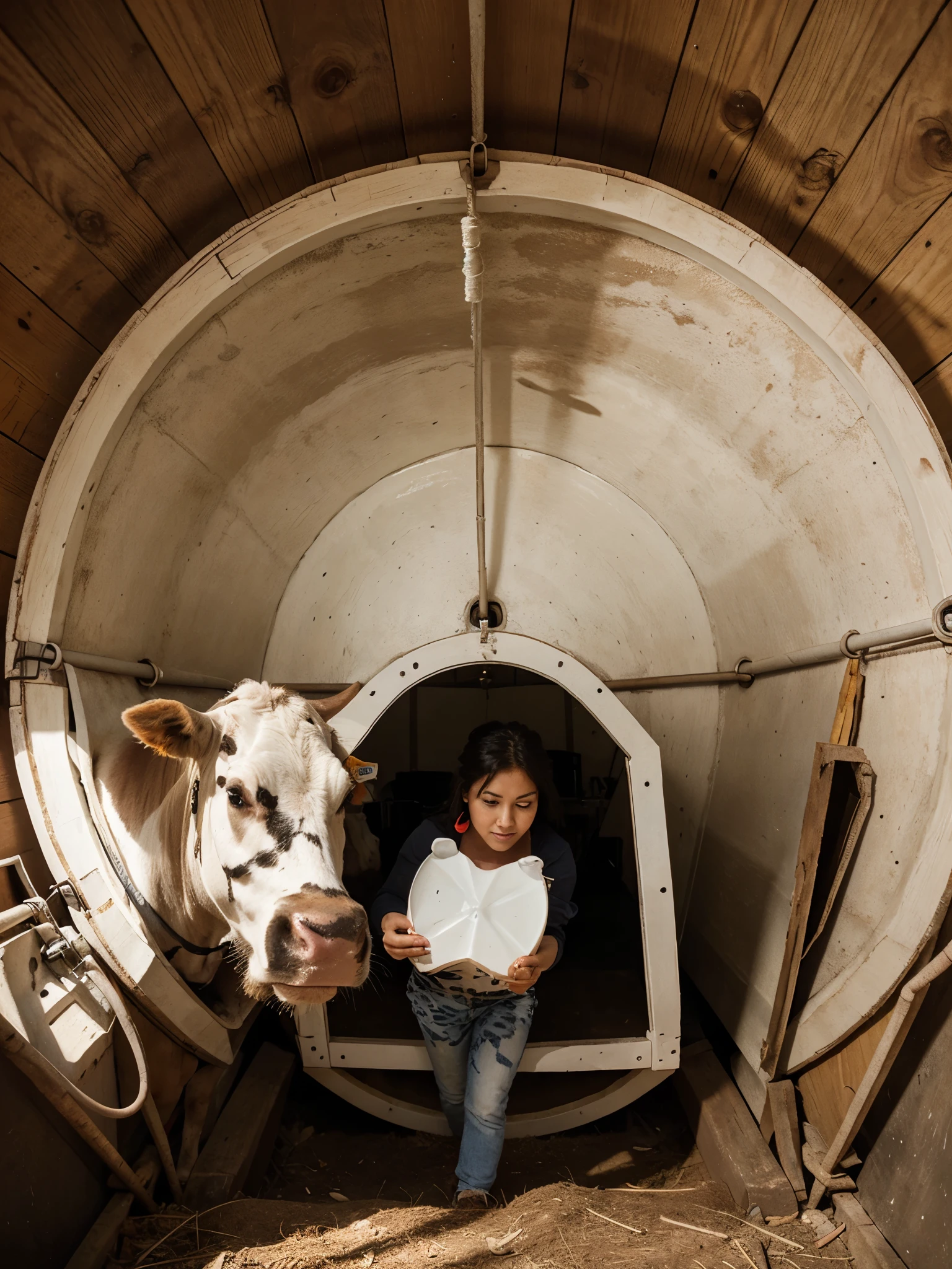 a cow inside a circle and the cow will have a carton of milk in its hand