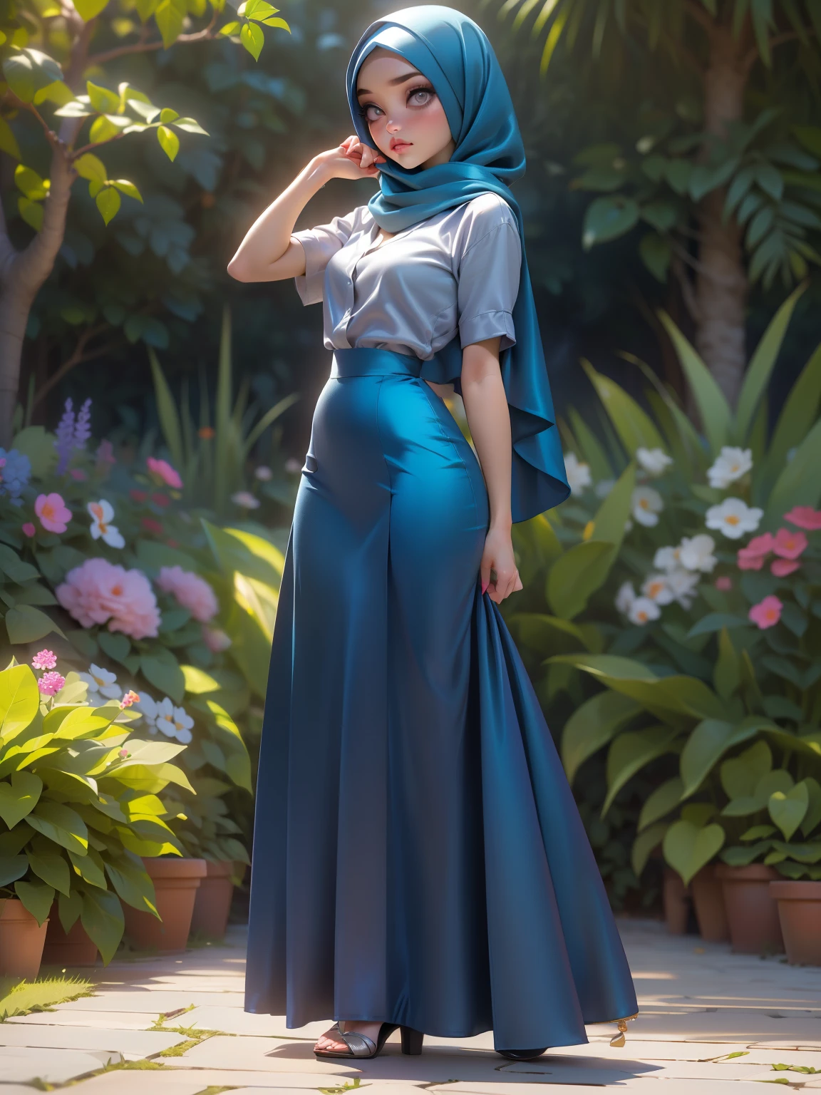 3DMM, ((Masterpiece, best quality, photography, detailed skin, realistic, photo-realistic, 8k, highly detailed, full length frame, High detail RAW color art, diffused soft lighting, shallow depth of field, sharp focus, hyperrealism, cinematic lighting, hijab, a woman in a beautifully makeup, smokey eyeshadow, beautiful big eyes, long eye lashes, wearing (Dark blue satin hijab), loosely tide hijab style, ((gray satin shirt)), ((satin long maxi skirts)), dancing under tree, garden