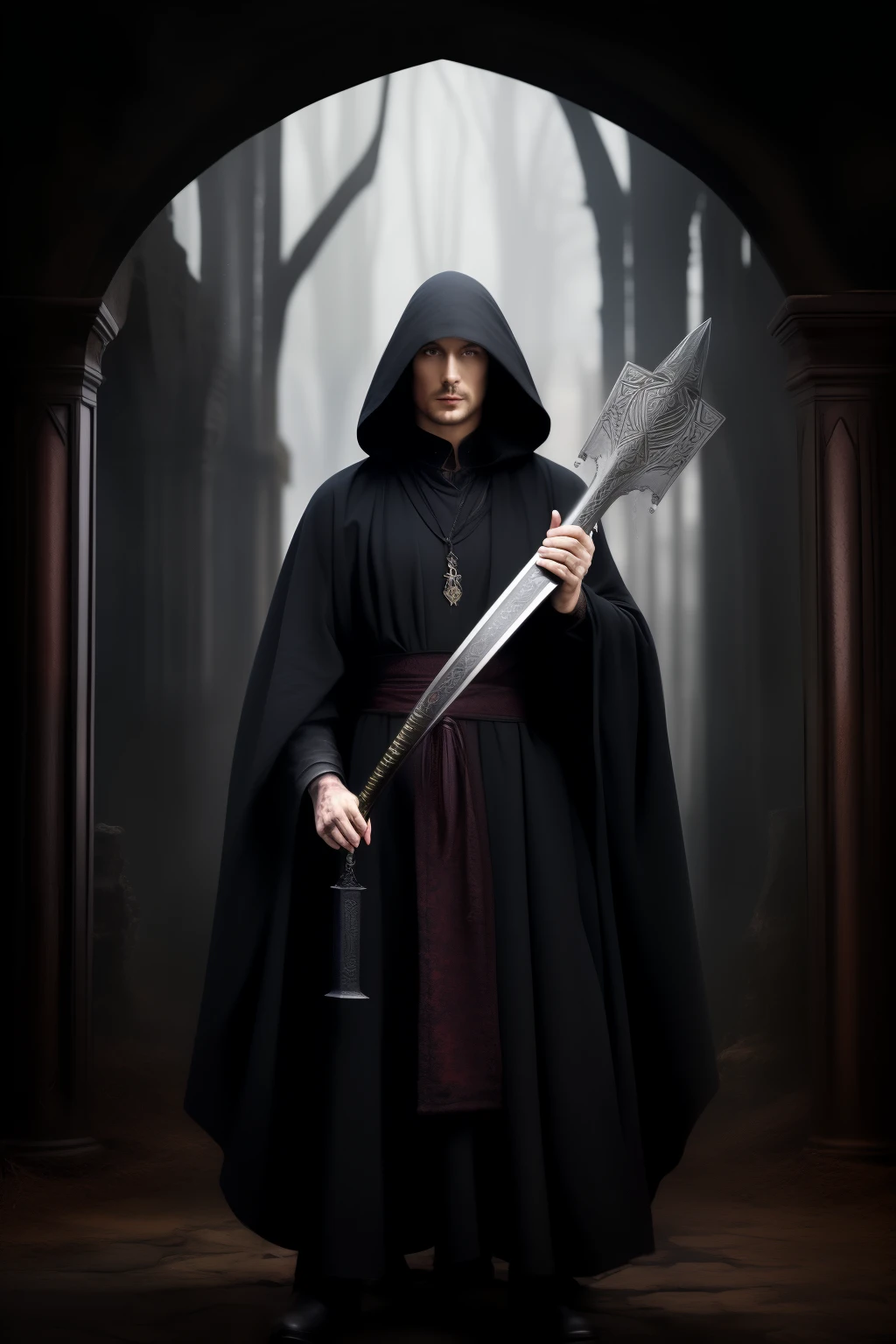 a person with a long simple dark cloak, holding an old medieval european sword in his left hand, and a potion of blood in his right hand, oil painting art