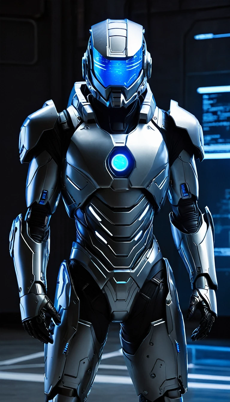 The image depicts a futuristic humanoid figure clad in advanced protective gear. The suit is predominantly silver with blue accents, suggesting a high-tech and possibly armored design. The helmet features a visor with a glowing blue light, which could indicate advanced vision enhancement or communication systems. The figure is holding a device with a glowing blue screen, which might be a tool or weapon, further emphasizing the advanced technology theme. The background is dark and industrial, hinting at a setting that could be a laboratory or a battlefield of the future. The overall impression is one of advanced technology and human enhancement, possibly in the context of a science fiction narrative or a vision of future military or exploration equipment.