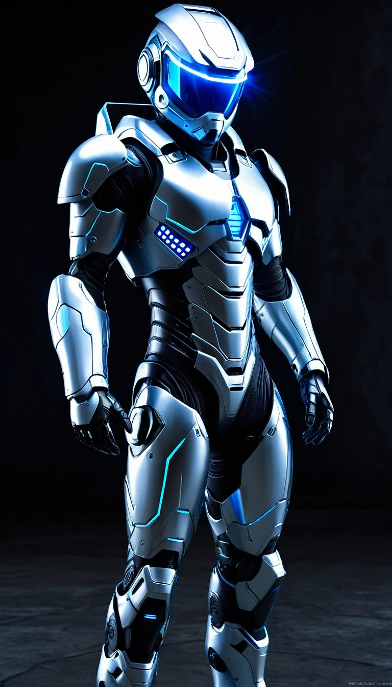 The image depicts a futuristic humanoid figure clad in advanced protective gear. The suit is predominantly silver with blue accents, suggesting a high-tech and possibly armored design. The helmet features a visor with a glowing blue light, which could indicate advanced vision enhancement or communication systems. The figure is holding a device with a glowing blue screen, which might be a tool or weapon, further emphasizing the advanced technology theme. The background is dark and industrial, hinting at a setting that could be a laboratory or a battlefield of the future. The overall impression is one of advanced technology and human enhancement, possibly in the context of a science fiction narrative or a vision of future military or exploration equipment.