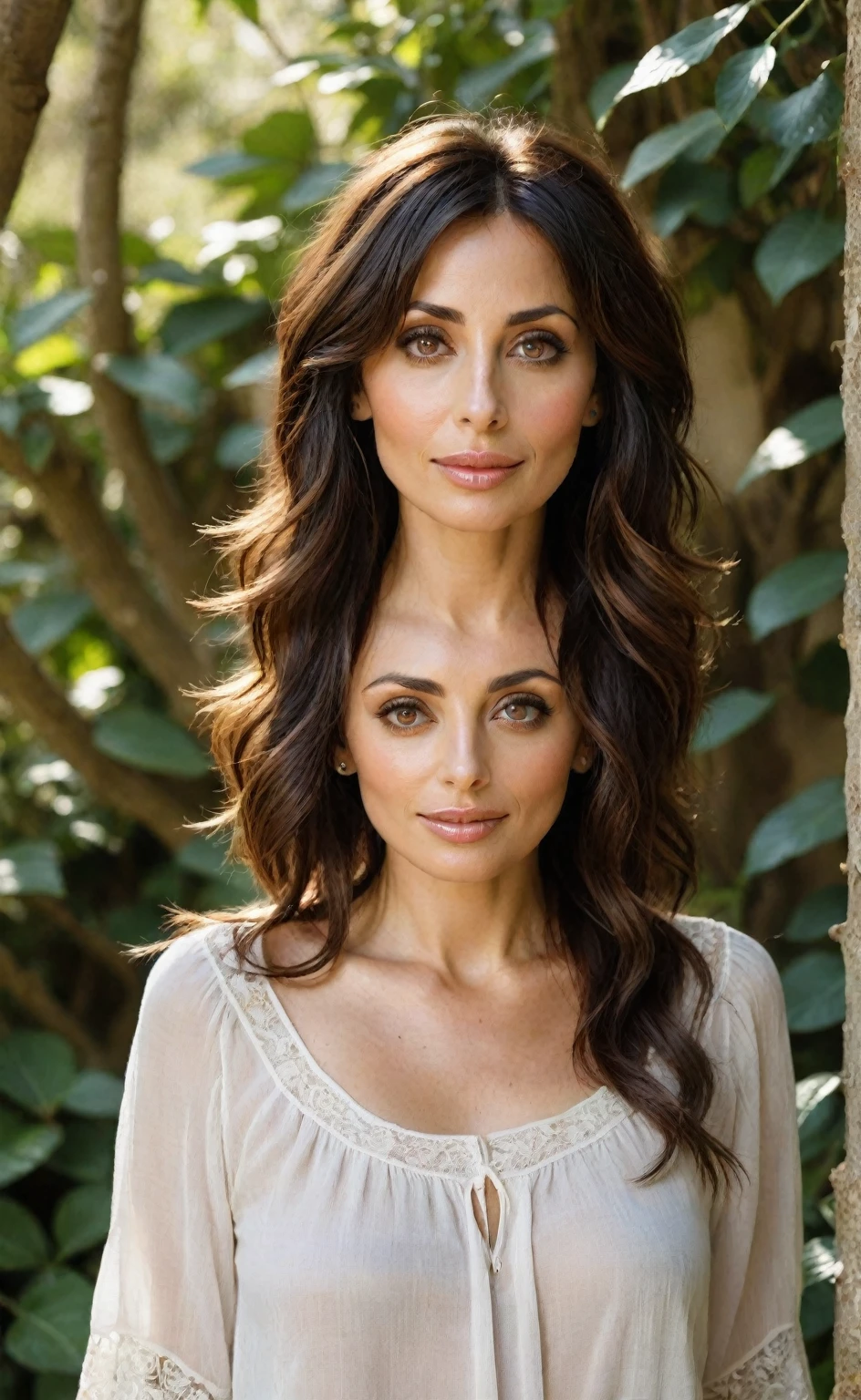 (a girl in the frame,Natalie Imbruglia appears on the left side of the frame, with a height of 190cm, chubby face and lips. On the right side of the frame, Katie Melua appears with extremely detailed faces and imperfect skin, with figures),portrait,detailed eyes,detailed lips,and extremely detailed eyes and face,soft and gentle appearance,facial expressions showing joy and contentment,beautiful long hair casually flowing down the shoulders,magical atmosphere,Mediterranean garden background,soft sunlight streaming through the tree leaves,creating a warm and tranquil atmosphere,subtle colors and tones,to give a sense of serenity and tranquility.