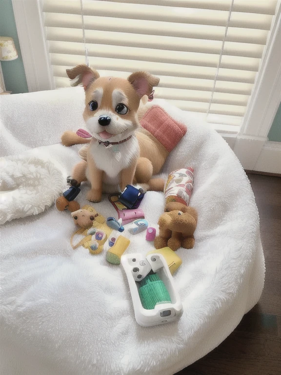 there is a small dog sitting on a dog bed with toys, the woman holds more toys, bella, sitting on her bed, toy photo, taken on iphone 14 pro, with a bunch of stuff, sitting in her room, broken toys are scattered around, taken with sony alpha 9, having a great time, yummy, taken on iphone 1 3 pro
