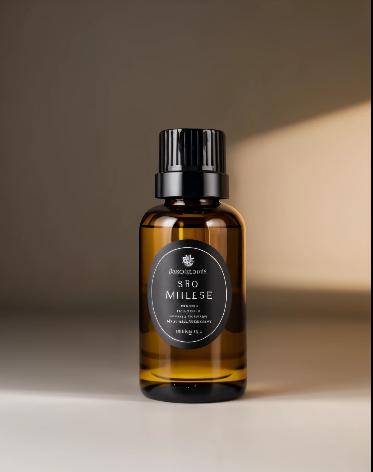 photorealistic product photography, studio lighting, showcasing Premium Essential oil bottle, black lid, many, masterpiece, best quality, minimalist.