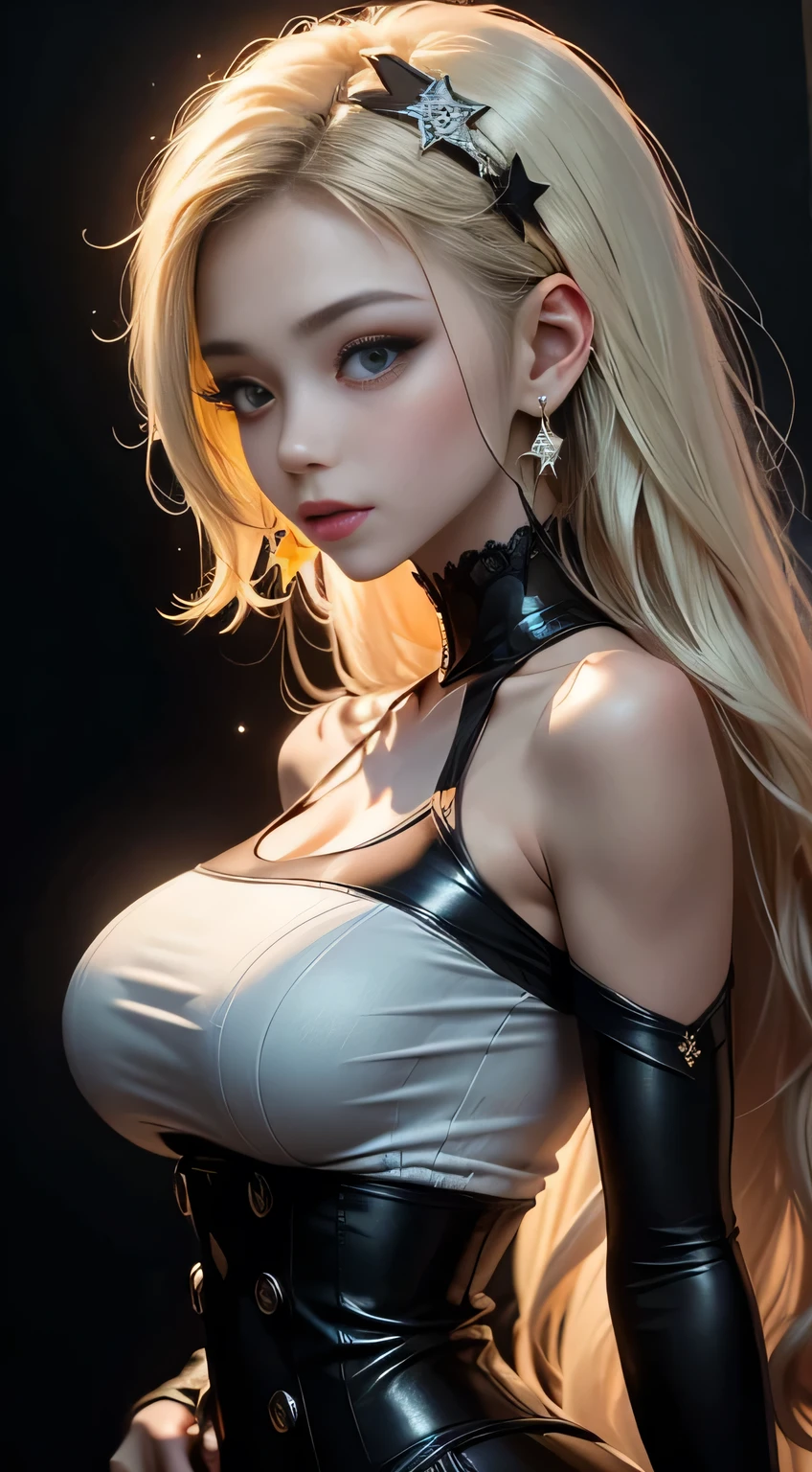 sfw, masterpiece,(masterpiece, top quality, best quality), 1girl, solo, long hair, jewelry, earrings, black background, looking at viewer, blue eyes, upper body, white hair, simple background, bangs, hand up, hair ornament, from side, light particles, bare shoulders, sparkle, long sleeves, breasts, blonde hair, dress, star (symbol), lips, eyelashes, wearing bra,((skinny waist)), young asian girl, ((big breasted)),