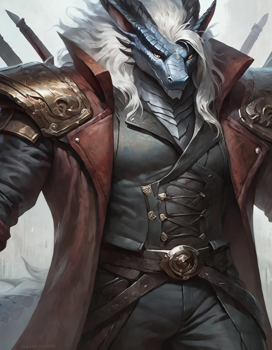 male anthro dragon, maned, concept art, masterpiece, high quality, pants, longcoat, gunbreaker outfit, pose, dilf body, dark grey body, white hair, strong eyes, handsome,, sword, detailed scales, closeup