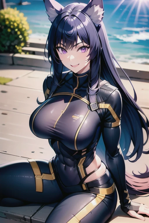 best quality, masterprice, 1girl, (solo:1.1), raytracing, ultra detailed,detailed face, 8k wallpaper, large breasts, smile, wide hips, six pack abs, (neocoill:0.8), outdoor, sitting, dynamic pose, knees up, legs up, outdoor,  DeltaNDV, long hair, animal ears, purple eyes, bangs, wolf ears, looking at viewer, wolf tail, bodysuit, tight clothes, showing her ass,