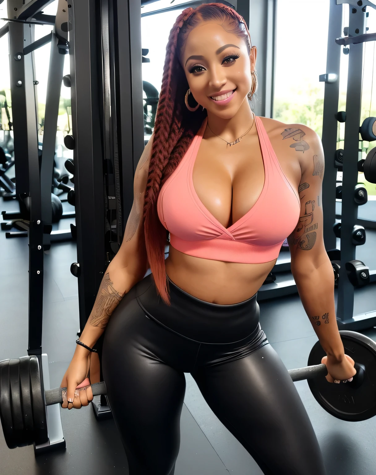 RAW photo, ((full body )) of ingrid Belásquez, venezuelan, a beautiful woman, 18 yo, brunette, wears a(( Athleisure outfit)),cleavage, (busty) , tanned skin, wonderful straight long Red longhair, round face, exotic light green eyes, fleshy mouth, thick lips, inocent face, eye contact, backing the camera, flirting at camera, dslr, high quality, film grain, hasselblad, helios 48mm f2, (((8k, best quality, masterpiece:1.2))), DETAILED SKIN
SKIN BLEMISH, (realistic, photo-realistic:1.37), Ultra-detailed, a close up of a Melaninated Caramel skin ebony woman with ((large hips)),((in the gym (( lifting weights )),Smiling and laughing with other people in the gym(((Looks like a mix of Dope celebrity females , Stacy Dash, Aalyah, Maya, Shakira, Ashcash, Danielle Bregoli Bhad Bhabie Hairstyle, Female Rapper Latto, Rubi Rose, RENNI RUCCI cardi b,nicky minaji)))