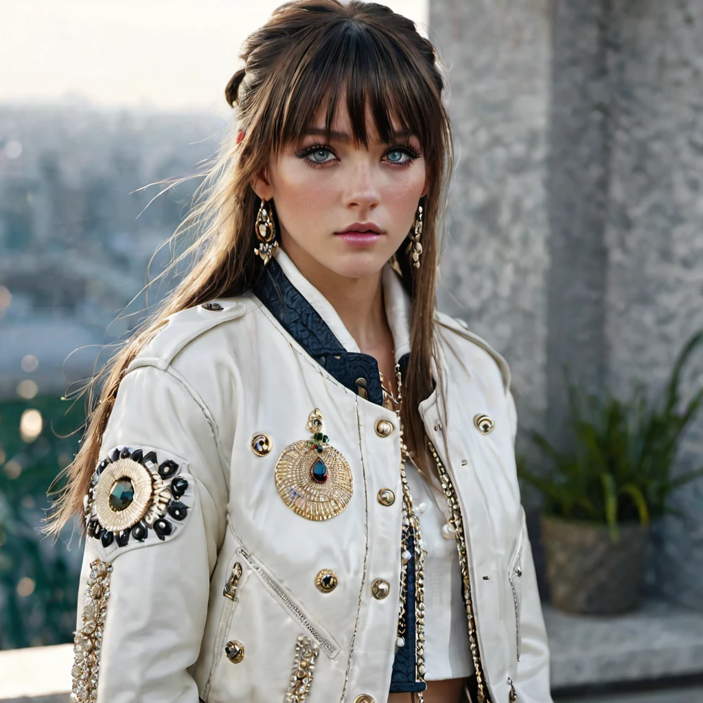 masterpiece, highres, screen shot, best quality, 1girl, (scar on left eye), white cropped jacket, highly detailed, rule of thirds, jewelry, long hair, bangs, hair between eyes