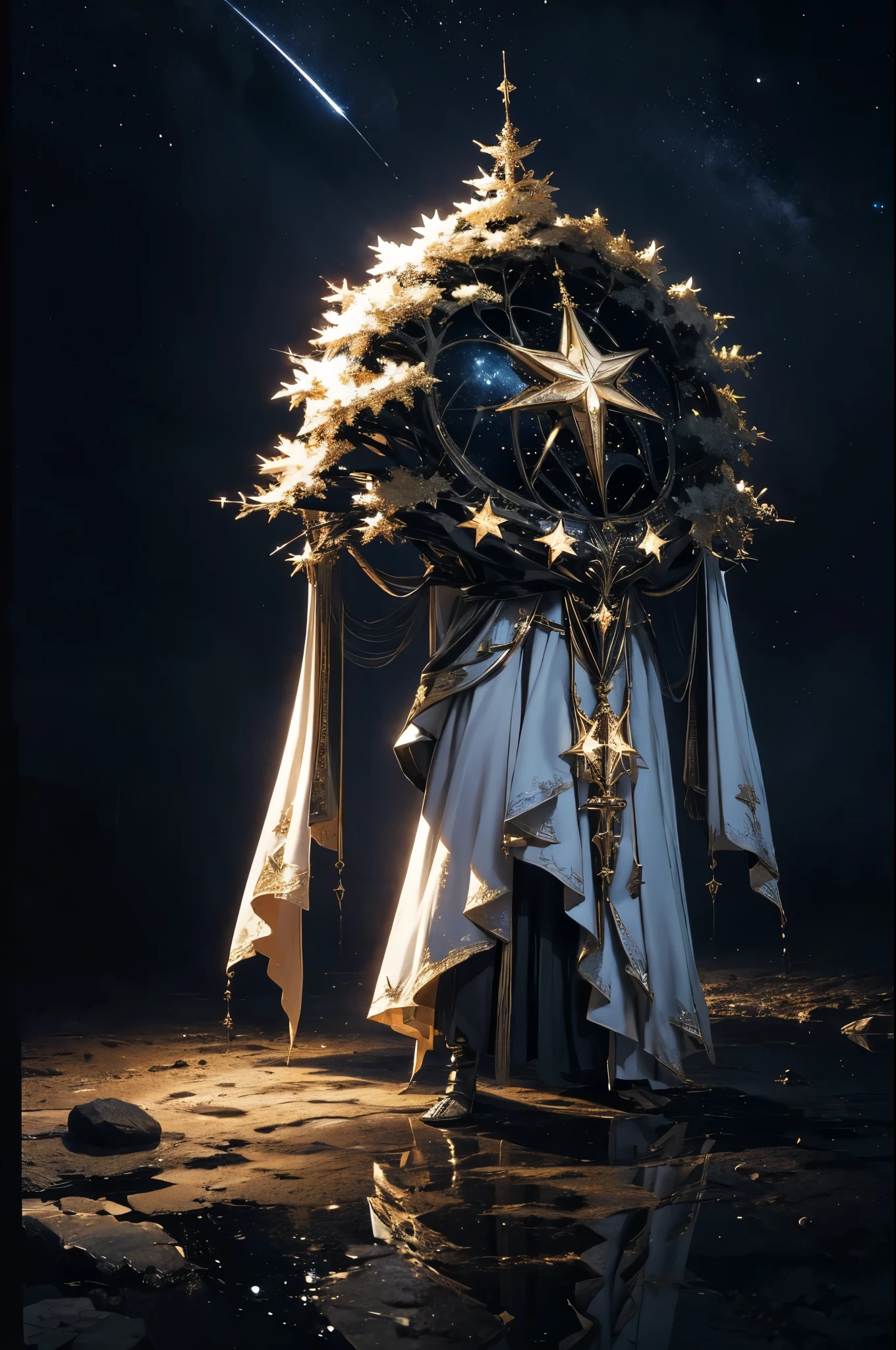 Light, Fantasy World--v 6 1 , Solitary, Standing, Outer Space, giant star, Bright Stars, Dark sky, Noble clothes, White clothes, Gold set, Black clothes, Yggdrasil Tree, Giant Tree, Smaller stars, (8k ultra-detailed), (masterpiece), ((masterpiece)), ((quality)).