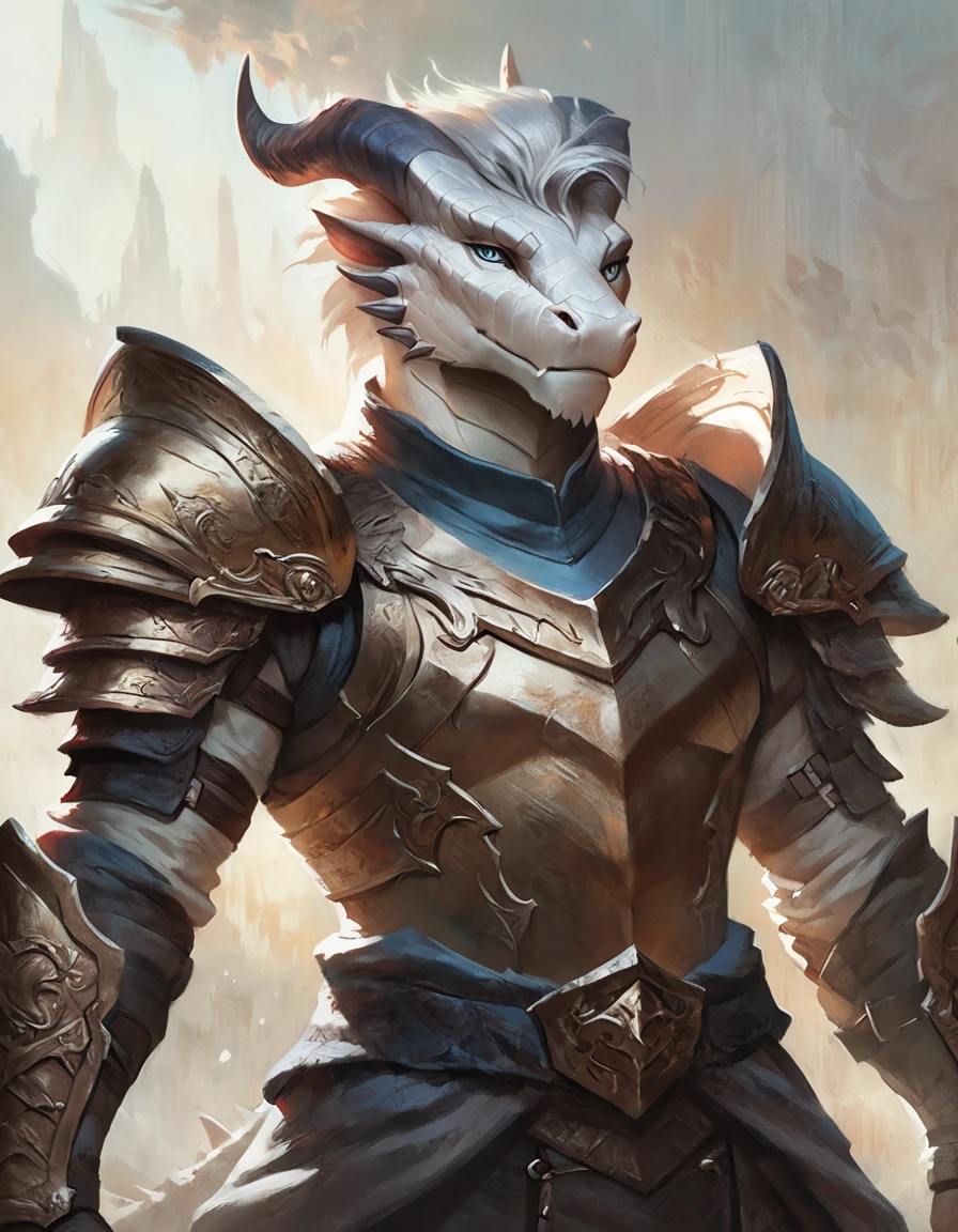 male anthro dragon, short hair, concept art, masterpiece, high quality, pants, armor, paladin outfit, pose, white body, white hair, strong eyes, handsome,, sword, detailed scales, closeup