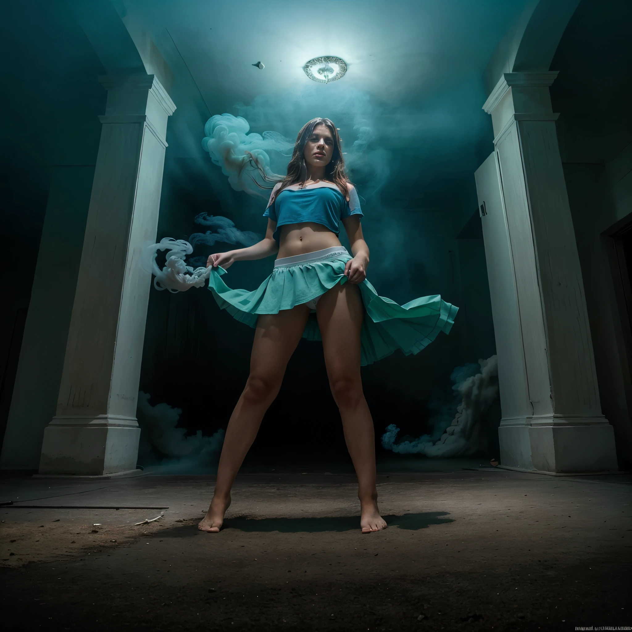 A highly detailed and hyper-realistic depiction of a princess in green skirt, in blue shirt, wearing white panties, Realistic hands. ((full body)), mybeauties, The perspective is from below. ((Full body, bare feet)). The character is surrounded by mist, evoking a mysterious and eerie atmosphere. The lighting is dark and atmospheric, with a red smoke adding a touch of sinister ambiance. The image is of the best quality, with a resolution of 4k and HDR enhancement, showcasing the utmost level of detail and realism, sfw, full body shot.