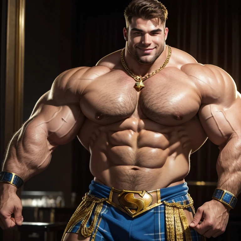 a very handsome, sweet and truly massive monster Caucasian bodybuilder is showing off his huge bicep muscles and meaty thighs. Smiling young adult. brown hair, powerfully muscled, massive shoulders and biceps. well-defined six pack. dressed as “Super-Scotland”. Thick gold necklace. Eye mask