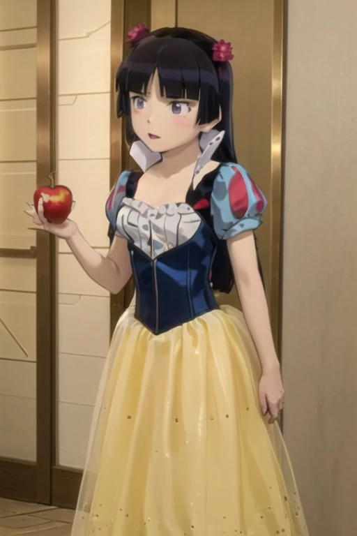 ((masterpiece, highest quality, Very detailed)), (ruri gokou), Hime cut, Long Hair, Blunt bangs, Black Hair,Dramatic lighting, (Grab a poisonous green poison apple), detailed dress, snow white, (red bow), yellow skirt, tight blue corset, yellow dress, field、