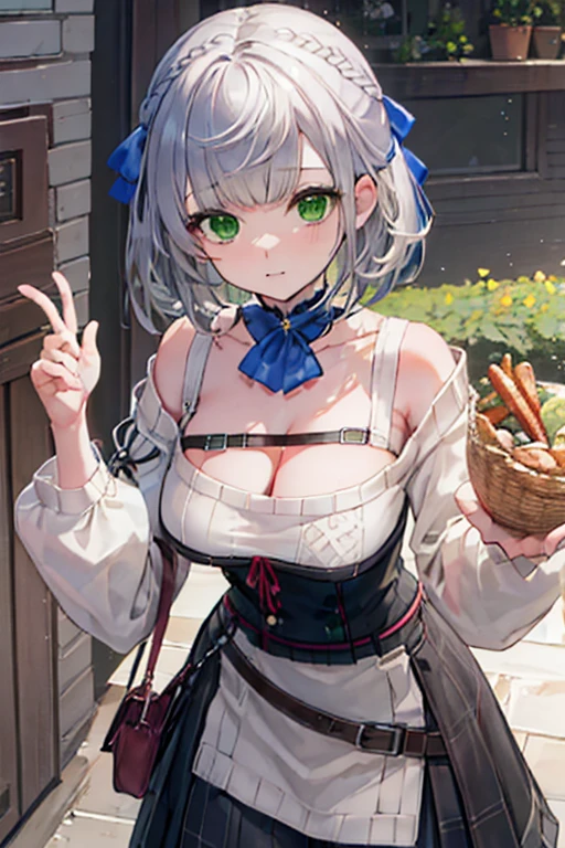Noel Shirogane, Shirogane Noel, Braiding, french Braiding, (Green Eyes:1.5), Grey Hair, hair ribbon, ribbon, short hair, Snowflake choker, Wavy Hair, Huge breasts, break casual, clavicle, High Waist Skirt, Official Alternative Costumes, Official Alternative Hairstyle, sweater, break looking at viewer, break outdoors, city, break (masterpiece:1.2), highest quality, High resolution, unity 8k wallpaper, (figure:0.8), (Beautiful fine details:1.6), Highly detailed face, Perfect lighting, Highly detailed CG, (Perfect hands, Perfect Anatomy),
