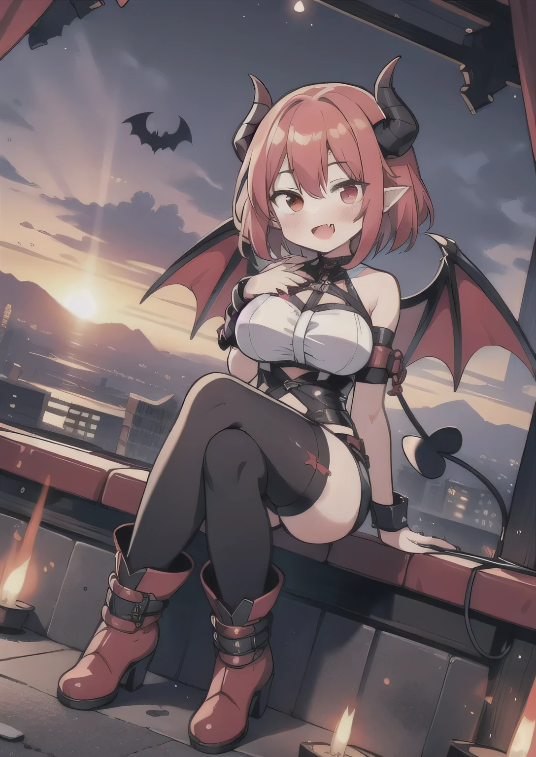 8K, 1girl. it, teeawaii vampire, crimson hair, short hair, red eyes, bat wings, smile, (blush), (shy), fang, boots, looking at viewer,  dynamic angle, wind, game cg, fantastic scenery, demon tail, black horns, lewd, latex, sexy, bondage, succubus, big breast