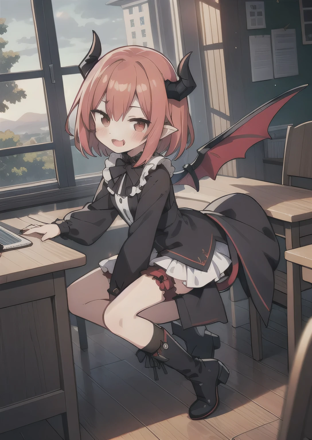 8K, 1girl, petit, teen, kawaii vampire, red hair, red eyes, bat wings, smile, (blush), (shy), fang, boots, looking at viewer, dynamic angle, wind, game cg, fantastic scenery, demon tail, black horns, futanari, otokonoko, errection, shemale, transsexual, hermaphrodite, bulge,lewd, no panties, nsfw, porn, cumming, kissing teacher, school