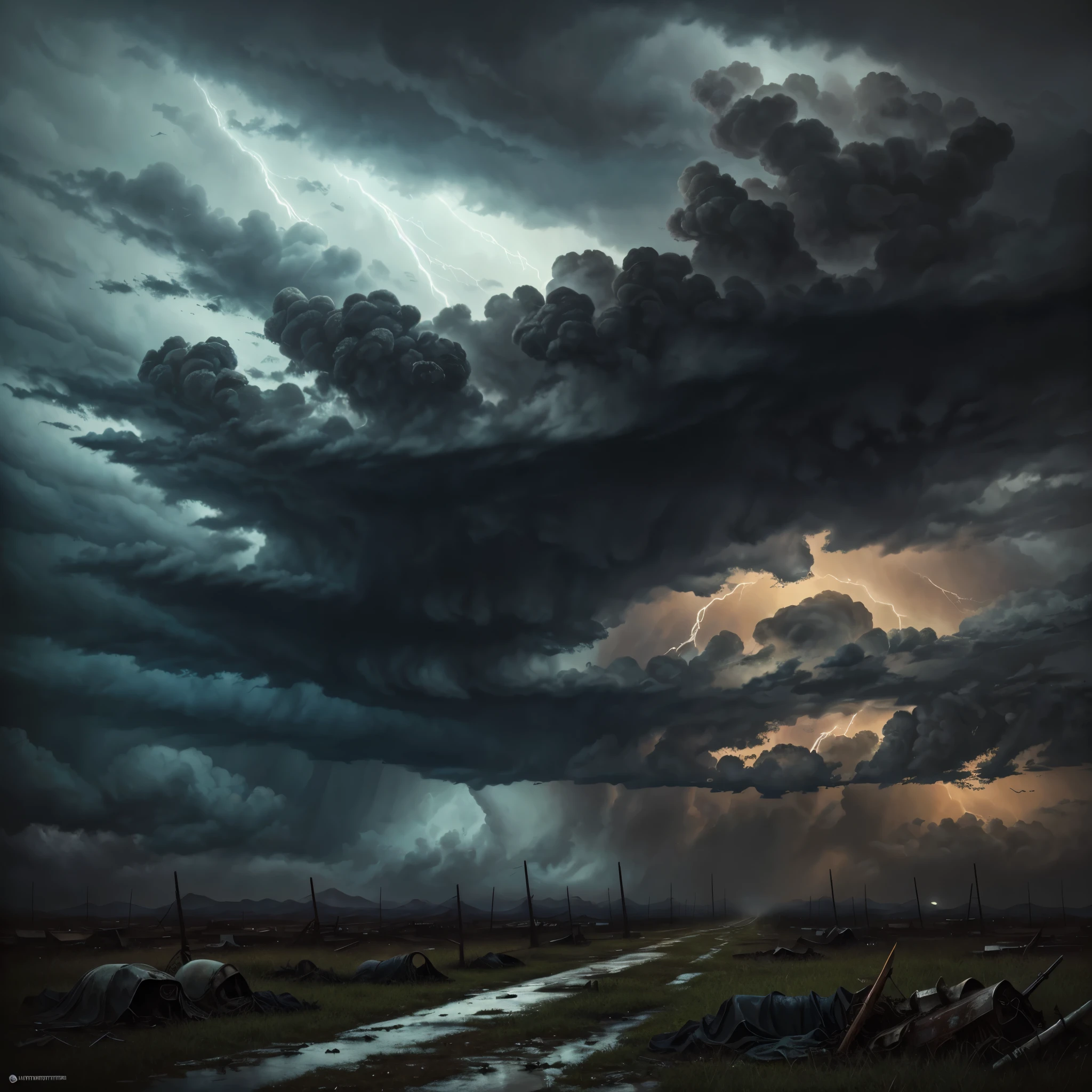 Glaze style oil painting、  Death visualization illustration。Ominous storm clouds in the background、It depicts a desolate battlefield littered with fallen soldiers and broken weapons.。The color temperature leans towards cool grays and muted browns.、There is a growing sense of decay and decay.。The anguished expressions of the fallen warriors、It conveys the emotions of life that death brings.。The lighting is harsh、It casts a long shadow and heightens the atmosphere of despair.。The overall image is、The solemnity and tragedy of death are impressively captured.。
