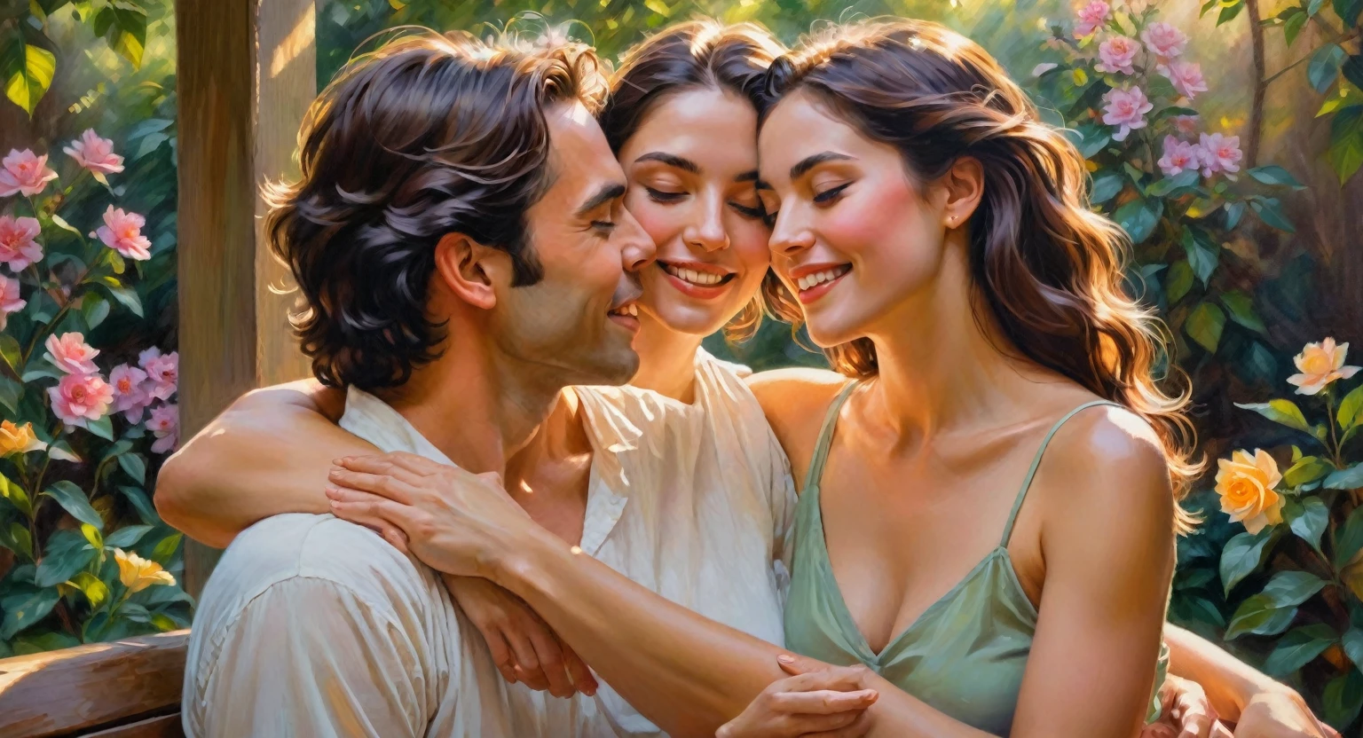 A beautiful woman with a radiant smile, comforting gaze, and flowing hair, [beaming,divine,angelic:1.2], is at the center of the artwork. She emanates warmth and happiness, capturing the viewer's attention. The woman is surrounded by a gay couple, [loving,affectionate:1.1], who share an intimate moment together.

The artwork is created using a mix of traditional and digital mediums, blending the elegance of oil painting with the precision of digital rendering. The brush strokes are visible, adding texture and depth to the overall composition. The colors are vibrant and vivid, showcasing the beauty of their emotions.

In the background, a peaceful garden sets the scene, with lush greenery and blooming flowers. Rays of golden sunlight filter through the leaves, creating a warm and ethereal atmosphere. The couple is seated on a wooden bench, with interconnected hands, conveying a sense of unity and deep connection.

The woman's eyes reflect kindness and understanding, while her lips are soft and inviting. The artist pays attention to detail, capturing each individual's unique features and expressions. The couple's love and affection are evident through their body language and gentle touches.

The overall image quality is of the highest standard, [best quality,4k,8k,highres,masterpiece:1.2], ensuring every detail is preserved and showcased. The level of realism is unparalleled, with [ultra-detailed,realistic,photorealistic,photo-realistic:1.37] rendering that brings the artwork to life.

In terms of artistic style, the portrait emphasizes the beauty of the human form and emotions. The artist harmoniously blends realistic elements with a touch of idealism, capturing the essence of love and connection. The colors are carefully chosen to enhance the overall mood, with warm tones dominating the composition.

The lighting adds depth and dimension to the artwork, with soft and diffused illumination enveloping the subjects. The play of light and shadow further accentuates thei