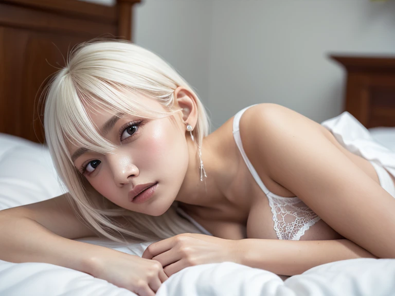 ((Realistic lighting、highest quality、8k、masterpiece:1.3))、Clear focus:1.2、One Girl、Pretty face、The most beautiful girl in the world、Beauty with a perfect body:1.4、Slim Abs:1.1、((Platinum Blonde Hair、Huge boobs:1.3))、(Wearing very thin white lace underwear:1.4、Gray Stockings:1.2、)、(outside of home、Daytime:1.1)、City streets、Super Fine Face、I narrowed my eyes.、double eyelid、Put your hands on your head、(Lying in bed:1.4)、Open your legs、seduce with sexual expressionouth details、 Westerner、Short face、Beautiful sparkling light grey eyes、Small Face Beauty、Round face、White beautiful skin、Cheek gloss、Glowing Skin、Long bangs between the eyes,、