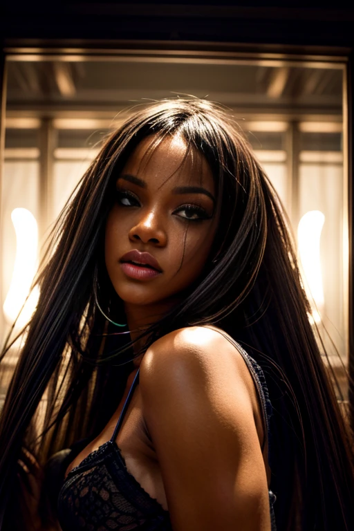 Realistic photo portrait of {Rihanna, (Long and slightly messy hair)}, Action {SHORT LUXURY TRANSPARENT LACE AND TULE SWEATSHIRT WITH BULGE }, {neon lighting in the room in an exotic way))}, soft and smooth skin, symmetrical face, body entire, big ass, symmetry and full mouth sensualizing, human ideal, 85mm lens, f8, photography, ultra details, natural light, backlighting, photo, studio lighting