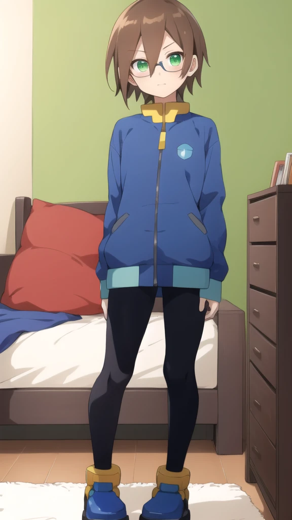 Aile_megamanzx, 1 girl, looking at viewer, Brown hair, green eyes ,bedroom background , Glasses, Walmart clothes