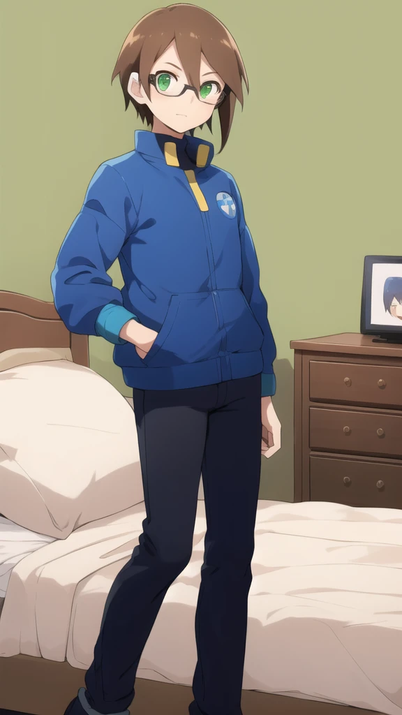 Aile_megamanzx, 1 girl, looking at viewer, Brown hair, green eyes ,bedroom background , Glasses, Walmart clothes