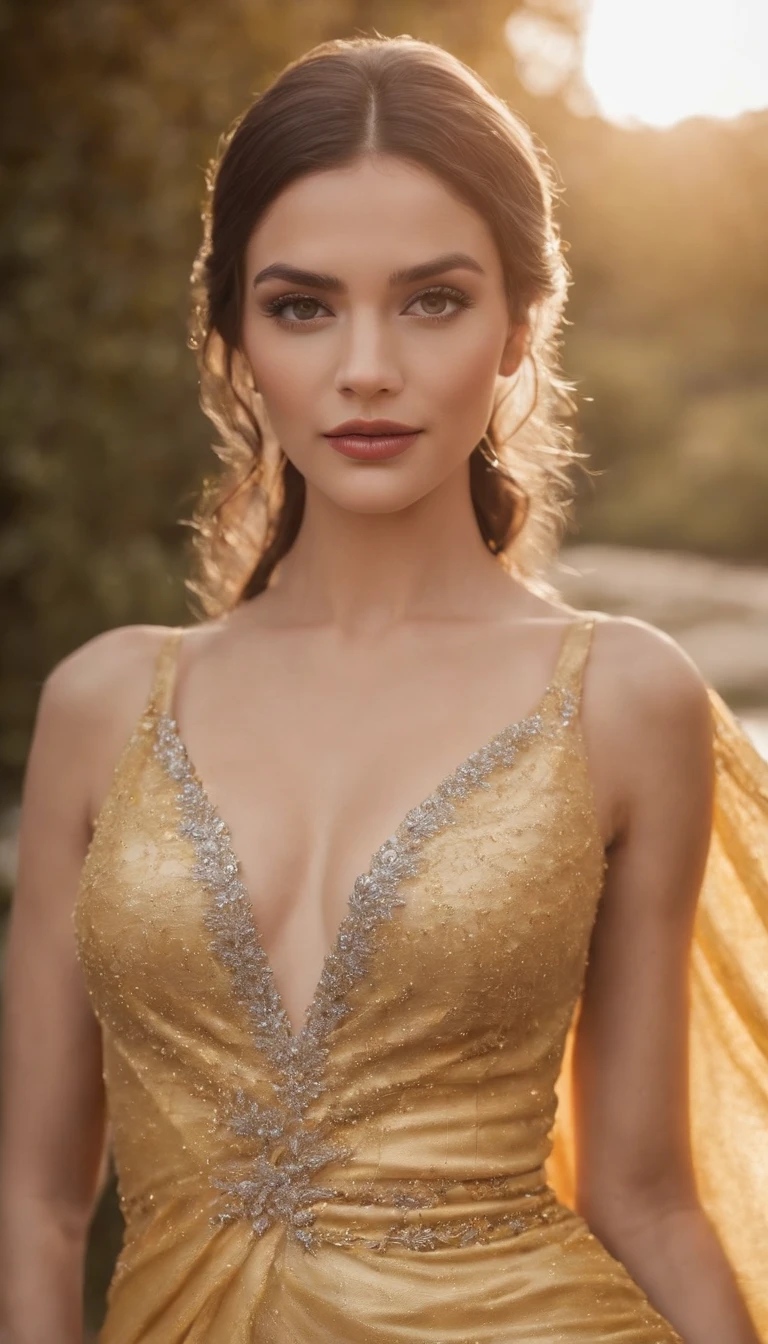 uma mulher com um vestido dourado posando para uma foto, vestido dourado, cindy avelino, elegante corpo dourado, envolto em ouro sedoso, deusa dourada, deslumbrante elegante, ouro brilhante, envolto em ouro, espartilho dourado, usando um vestido elegante, senhora usando vestido amarelo, draped in ouro brilhante and silver, lindo santo de ouro, beleza de cair o queixo, brilho dourado, brilho dourado