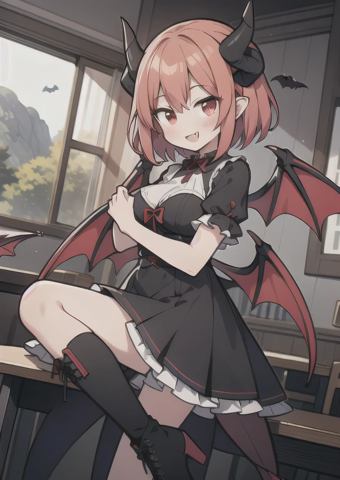 8K, 1girl. it, teeawaii vampire, crimson hair, short hair, red eyes, bat wings, smile, (blush), (shy), fang, looking at viewer,  dynamic angle, wind, game cg, fantastic scenery, demon tail, thin tail, black horns, medium breast, class uniform, mary janes,  classroom, thighhighs, showing butt, penis bulge, otokonoko 