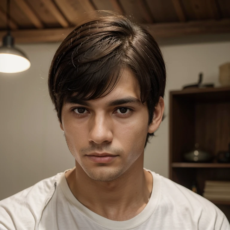 a young man with a neutral expression, pele clara e cabelo castanho escuro, liso e com franja parcialmente sobre a testa. Na imagem, we see a young man with fair skin with a neutral expression. Hair is relatively short, but with bangs that extend to the height of the eyebrows, caindo levemente sobre a testa. The bangs are dense, com fios que se distribuem de maneira desigual, alguns ligeiramente mais longos do que outros, criando um efeito de camadas. The sides of the hair are cut in such a way that it fits the shape of the head well, sem ficar muito volumosos. No topo, o cabelo tem um pouco mais de volume, but still follows the smooth and well-kept pattern. He is wearing a white round-neck t-shirt and is leaning slightly to the right., looking directly at the camera. There is a small black mole on his left cheek and another on his neck.. The background is dark, probably an indoor environment with low lighting, e a luz principal vem da frente e ligeiramente do lado direito, iluminando bem o rosto e criando sombras suaves nos contornos.