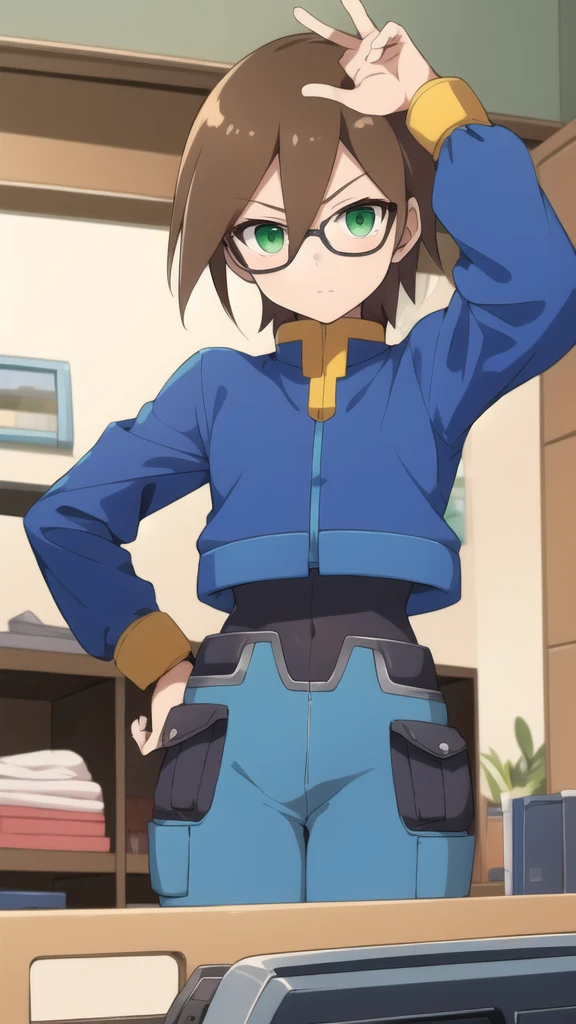 Aile_megamanzx, 1 girl, looking at viewer, Brown hair, green eyes ,bedroom background , Glasses, Cashier Oxxo clothes 