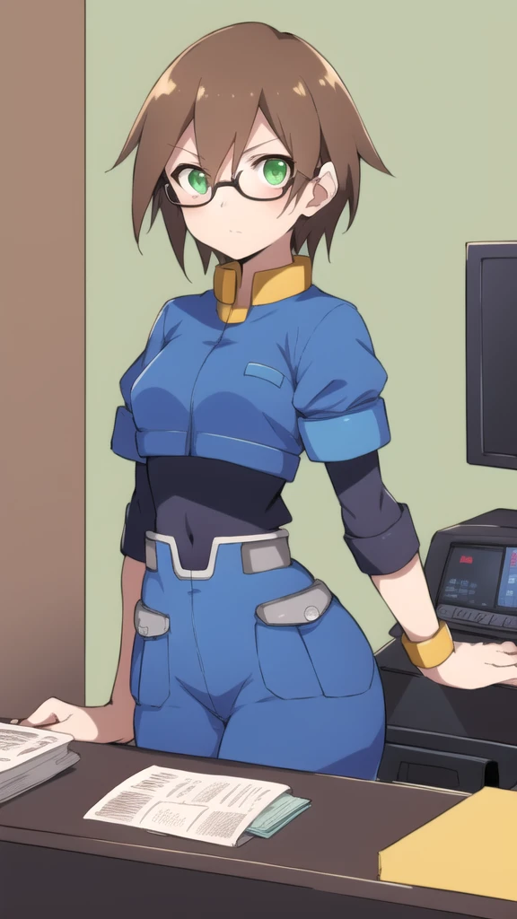 Aile_megamanzx, 1 girl, looking at viewer, Brown hair, green eyes ,bedroom background , Glasses, Cashier Oxxo clothes 