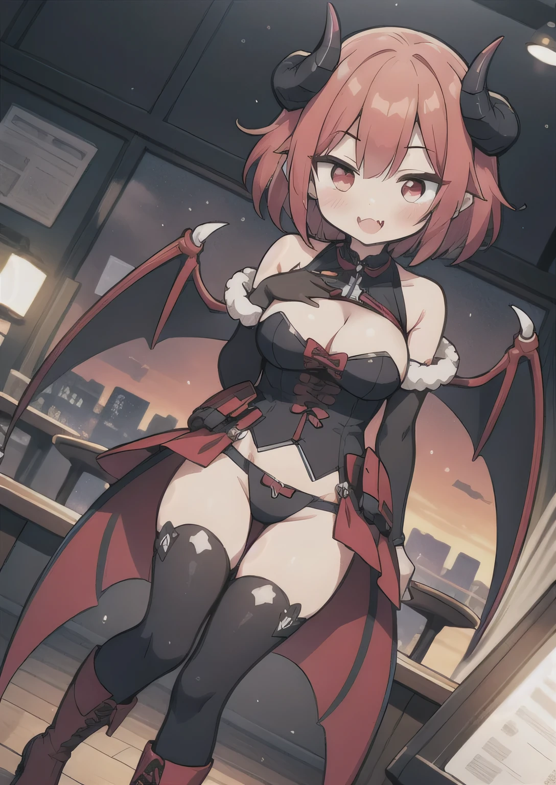 8K, 1girl. petit, , kawaii vampire, crimson hair, short hair, red eyes, bat wings, smile, (blush), (shy), fang, boots, looking at viewer, dynamic angle, wind, game cg, fantastic scenery, demon tail, black horns, in class, big breast, study, full class, horny