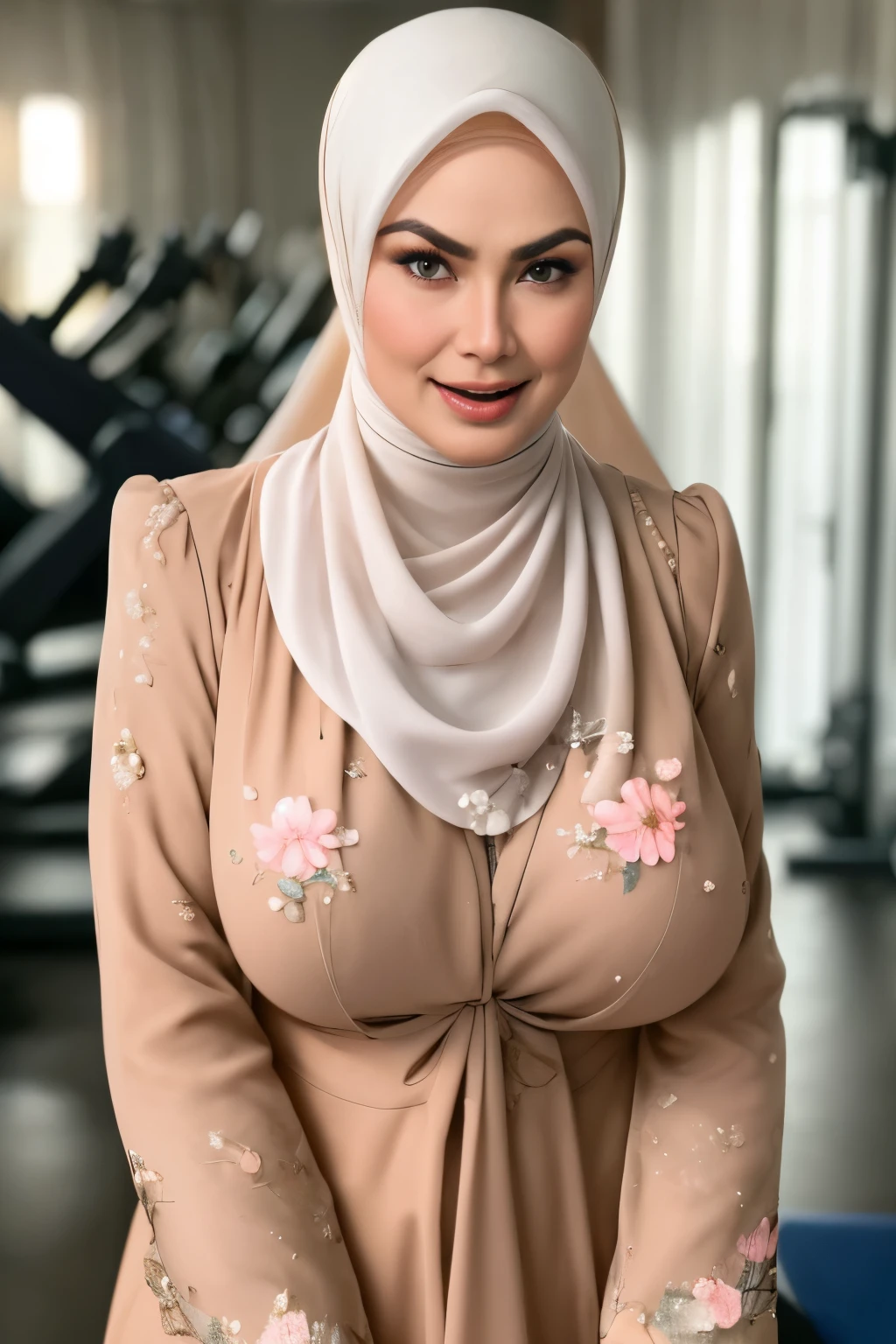 SPECTACLES, ((SHORT HIJAB)), ((Gigantic tits:1.4)), (dynamic photograph of a 58 year old Indonesian woman), (slim top, cotton panties), (straight non curly hair), (highly detailed face:1.4), (vascular muscles and abs:1.3), (background inside light, bright, private gym:1.1), (8k, uhd, dslr, high quality, cinematic lighting, bokeh), (dramatic, award winning photography, incredible masterpiece:1.3), (((sexy sultry stare at camera:0.8))), close up, ((she is ready to dominate you:0.5)), ((beautiful feminine face)), add_detail:1, ((Colourful floral pattern))