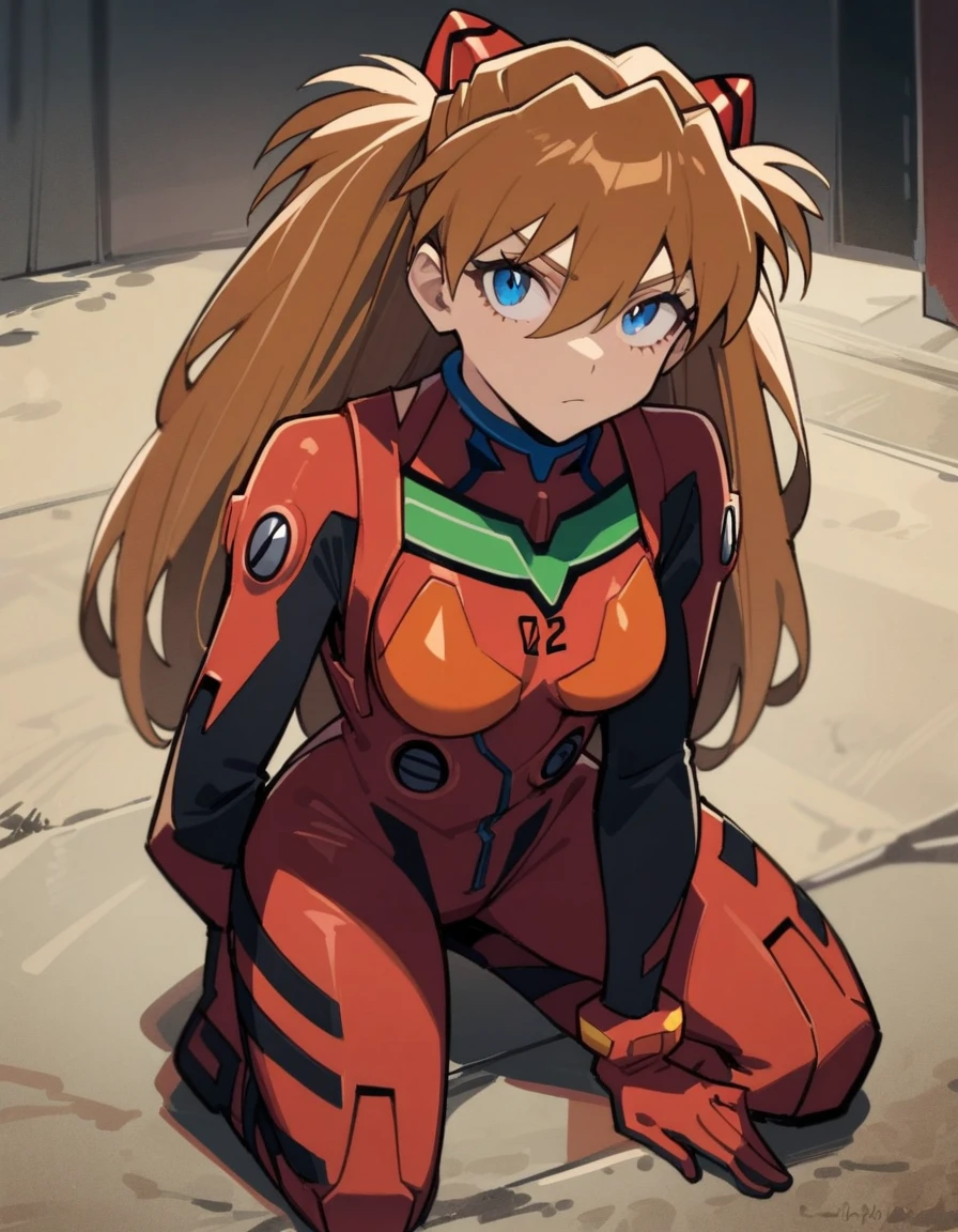 1 chica, solo, (Obra maestra), mejor calidad, ojos expresivos, cara perfecta, Souryuu Asuka Langley, auriculares de interfaz, Body rojo Traje de enchufe de prueba, headgear, ojos serios, leve sonrisa, En el piso, acostado boca abajo, pies arriba, ((perfect anatomy)), fondo de laboratorio, retrato, mirando al espectador, desde el frente