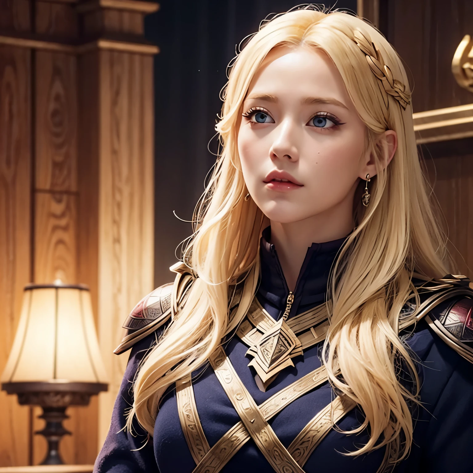 Upper body close-up image. Detailed drawing of the face.A beautiful woman. She has an angry look on her face.Blonde hair and blue eyes. She is looking at the camera with a defiant expression. 18 years old. She wears a red, metallic combat uniform that fits her body perfectly. ((There is something on his waist that is reminiscent of Kamen Rider's transformation belt.)) She is standing in the hallway of the space battleship.