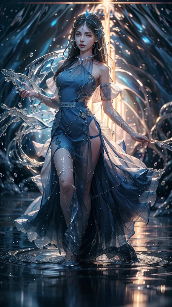 8K, ultra detailed, masterpiece, 1 water girl, good face, detailed eyes, very long hair, hire hair, (water dress:1.8),  ( royal blue dress:1.5), (spreading water:1.5), (water aura:1.4), water in hands, perfect body,