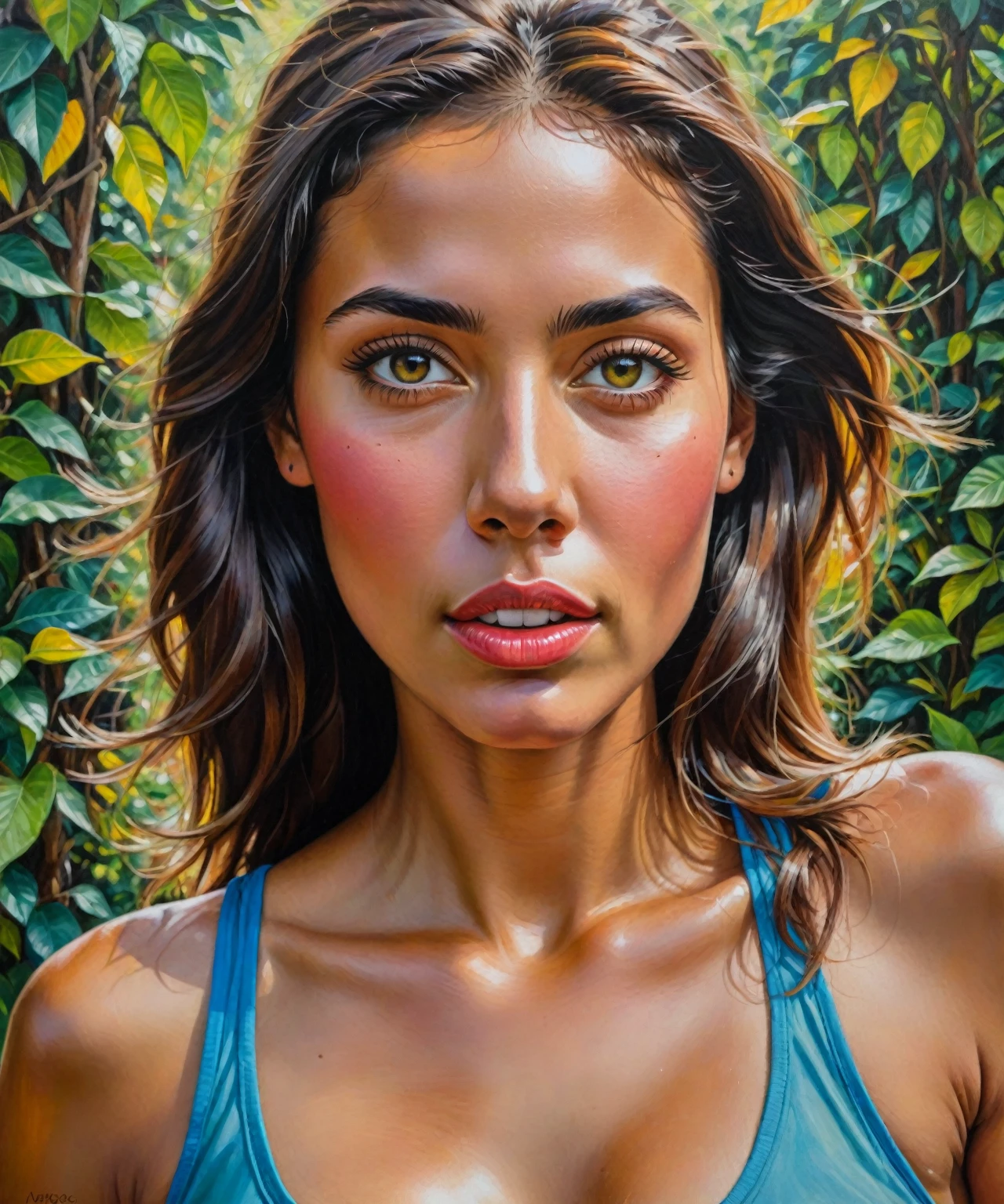 a girl with beautiful detailed eyes, beautiful detailed lips, extremely detailed face, long eyelashes, and stunning Colombian features, engaged in a sport activity
(medium: oil painting), capturing the vibrant energy of the moment outdoors
(high quality, 4k, ultra-detailed), with vivid colors and sharp focus
showcasing the woman's strength and determination as she participates in a sport
surrounded by lush greenery and a vibrant Colombian landscape in the background
complemented by warm, natural lighting that emphasizes the contours of her face and body.