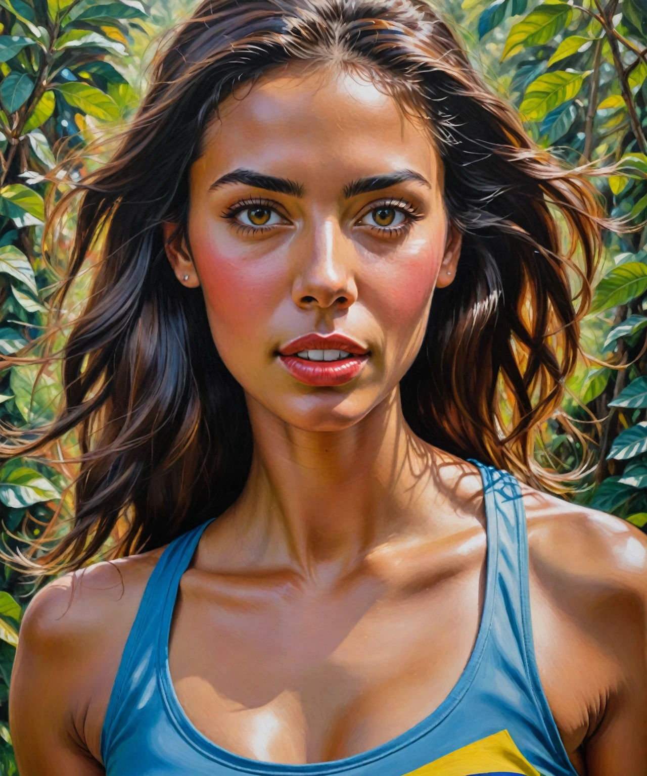 a girl with beautiful detailed eyes, beautiful detailed lips, extremely detailed face, long eyelashes, and stunning Colombian features, engaged in a sport activity
(medium: oil painting), capturing the vibrant energy of the moment outdoors
(high quality, 4k, ultra-detailed), with vivid colors and sharp focus
showcasing the woman's strength and determination as she participates in a sport
surrounded by lush greenery and a vibrant Colombian landscape in the background
complemented by warm, natural lighting that emphasizes the contours of her face and body.